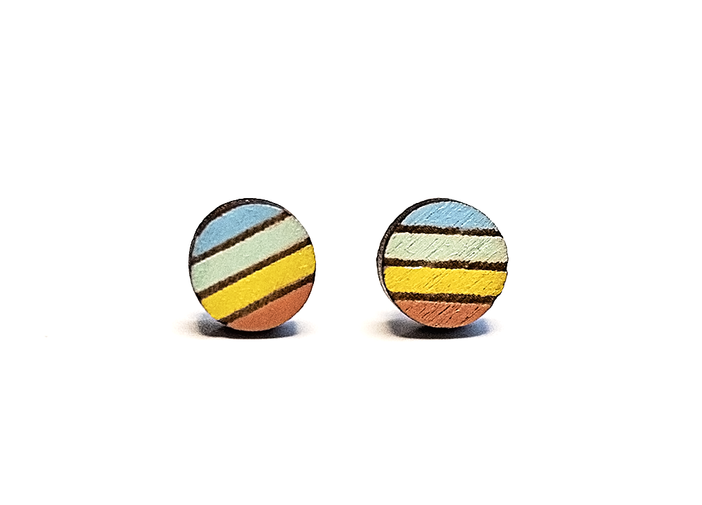 Wood Circle Stud Earrings Striped, Multi-Colored