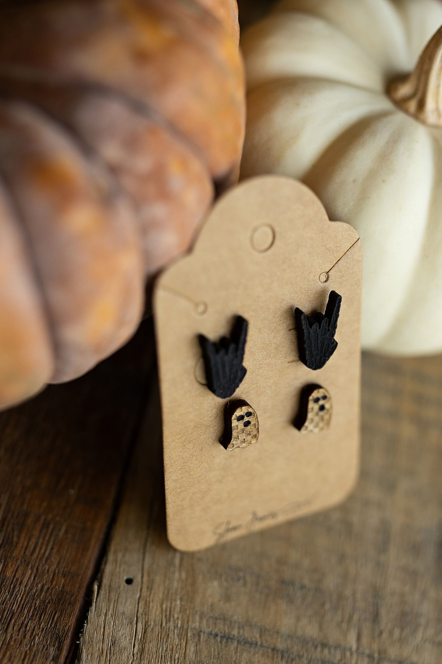 Skeleton Hands/Checkered Ghost Wood Earrings