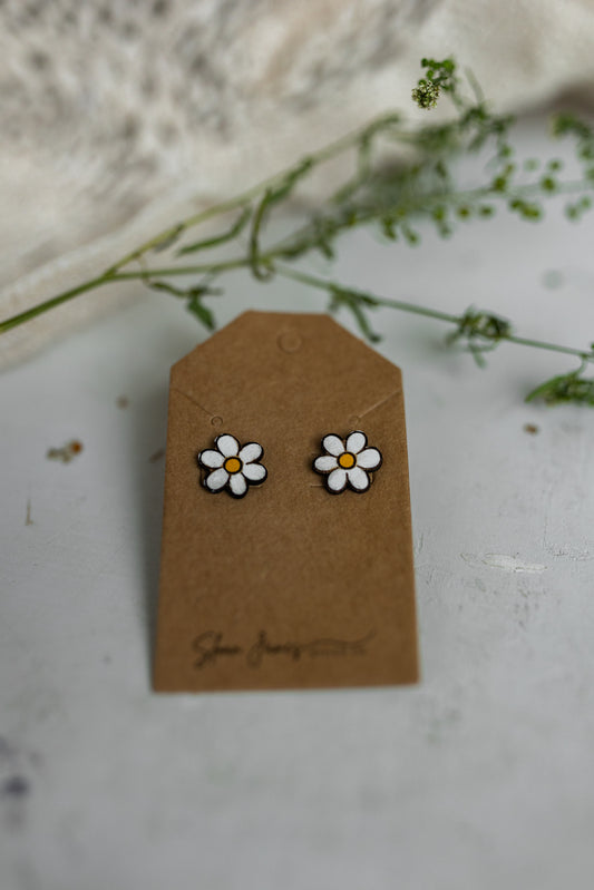 Handmade Wood Stud Earrings - White Daisy
