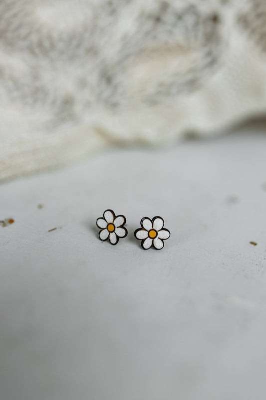Handmade Wood Stud Earrings - White Daisy
