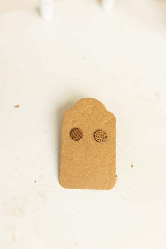 Handcrafted Wood Stud Earrings - Checkered, Dark Wood