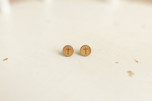 Wood Stud Earrings - Cross