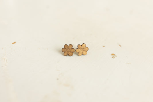 Handcrafted Wood Stud Earrings - Floral Wood