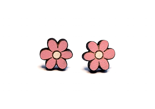 Wood Floral Stud Earrings, Two Toned, Pink/White