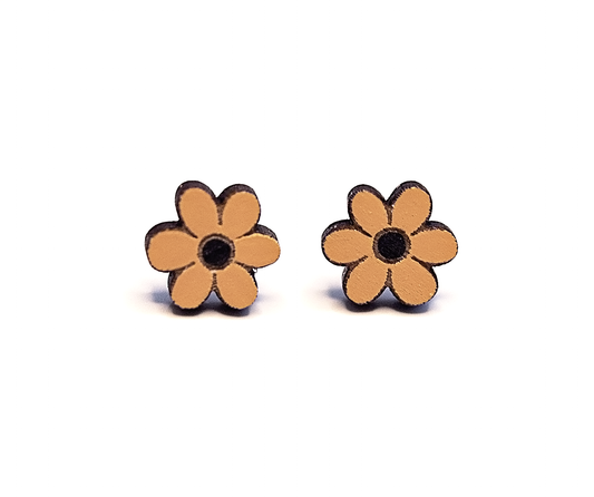 Wood Floral Stud Earrings - Two Toned, Black/Sun Kiss Orange