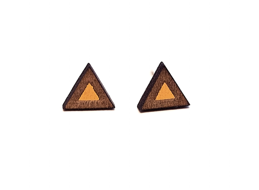 Wood Triangle Stud Earrings, Two Toned, Sun Kiss Orange