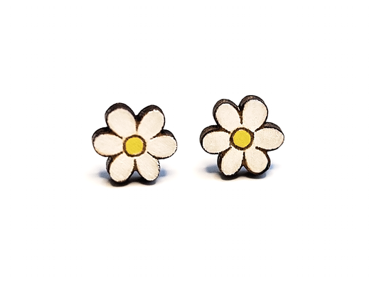 Wood Floral Stud Earrings, Two Toned - White/Yellow