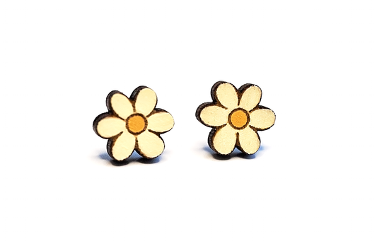 Wood Floral Stud Earrings - Two Toned, Pale Yellow/Orange