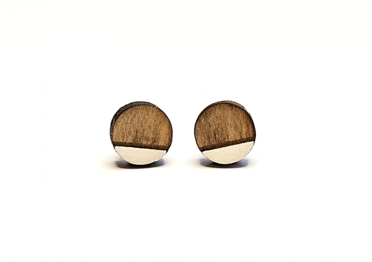 Wood Circle Stud Earrings - Two Toned, White
