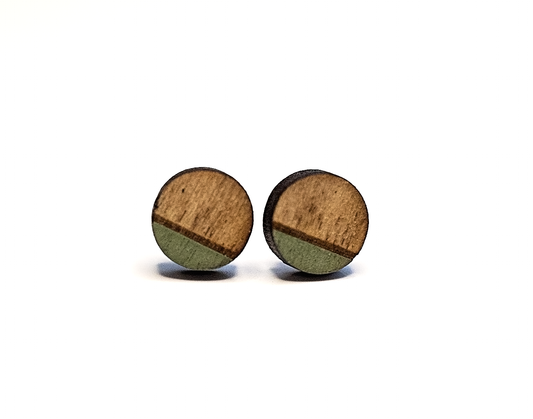 Wood Circle Stud Earrings - Two Toned, Sage Green