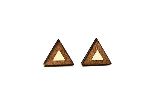 Wood Triangle Stud Earrings, Two Toned, White