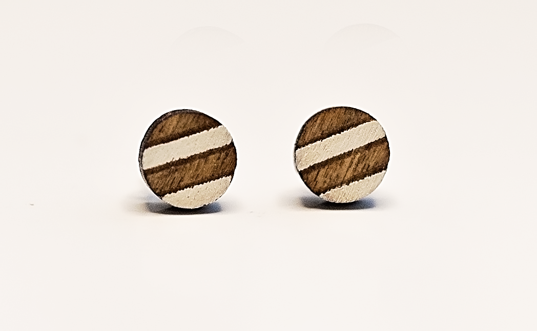 Wood Circle Stud Earrings Striped, White/Natural Wood