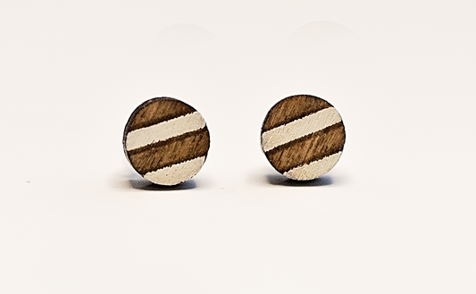 Wood Circle Stud Earrings Striped, White/Natural Wood