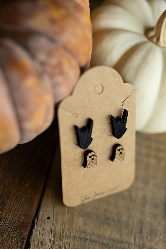 Skeleton Hands/Checkered Ghost Wood Earrings