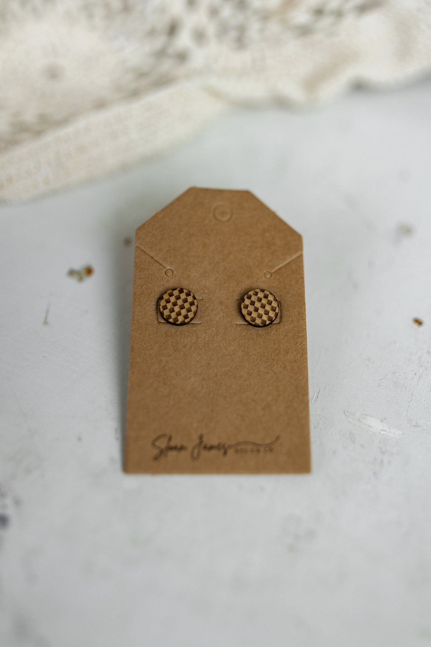 Handcrafted Wood Stud Earrings - Checkered