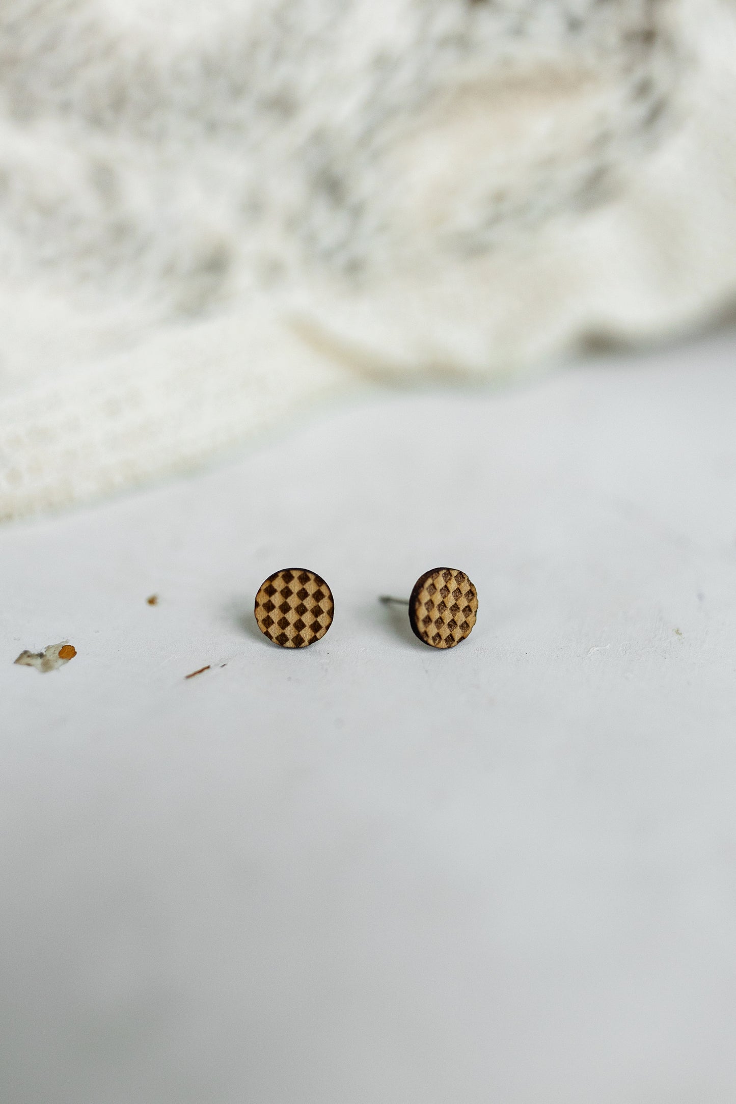 Handcrafted Wood Stud Earrings - Checkered